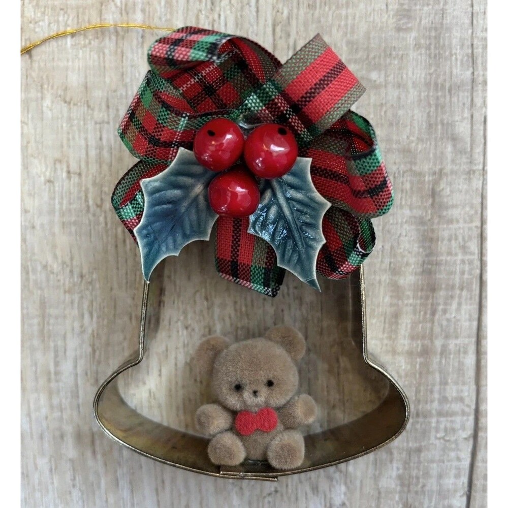 Vintage Enesco Teddy Bear Cookie Cutter Christmas Ornament 1985 Plaid Bow Holly